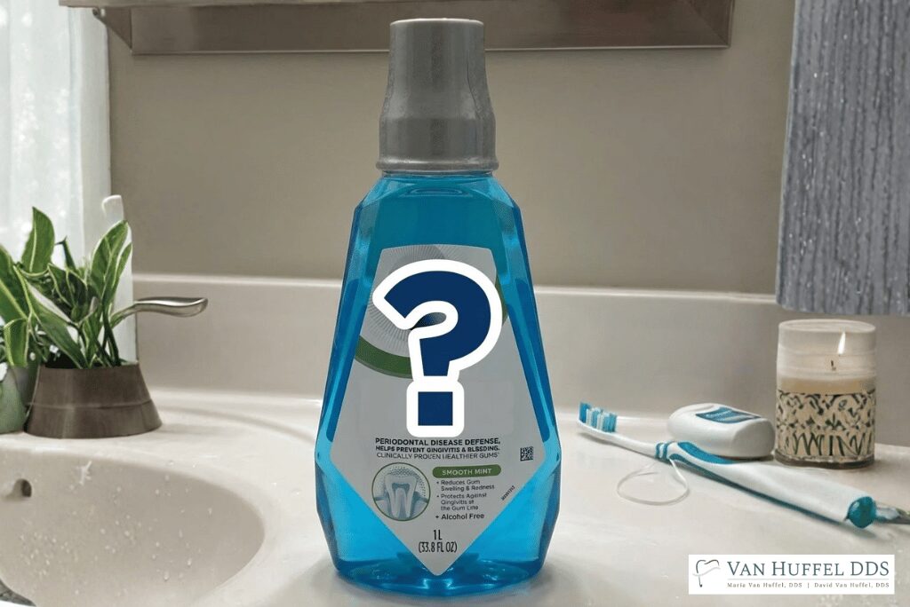 Mouthwash bottle with question mark on the label