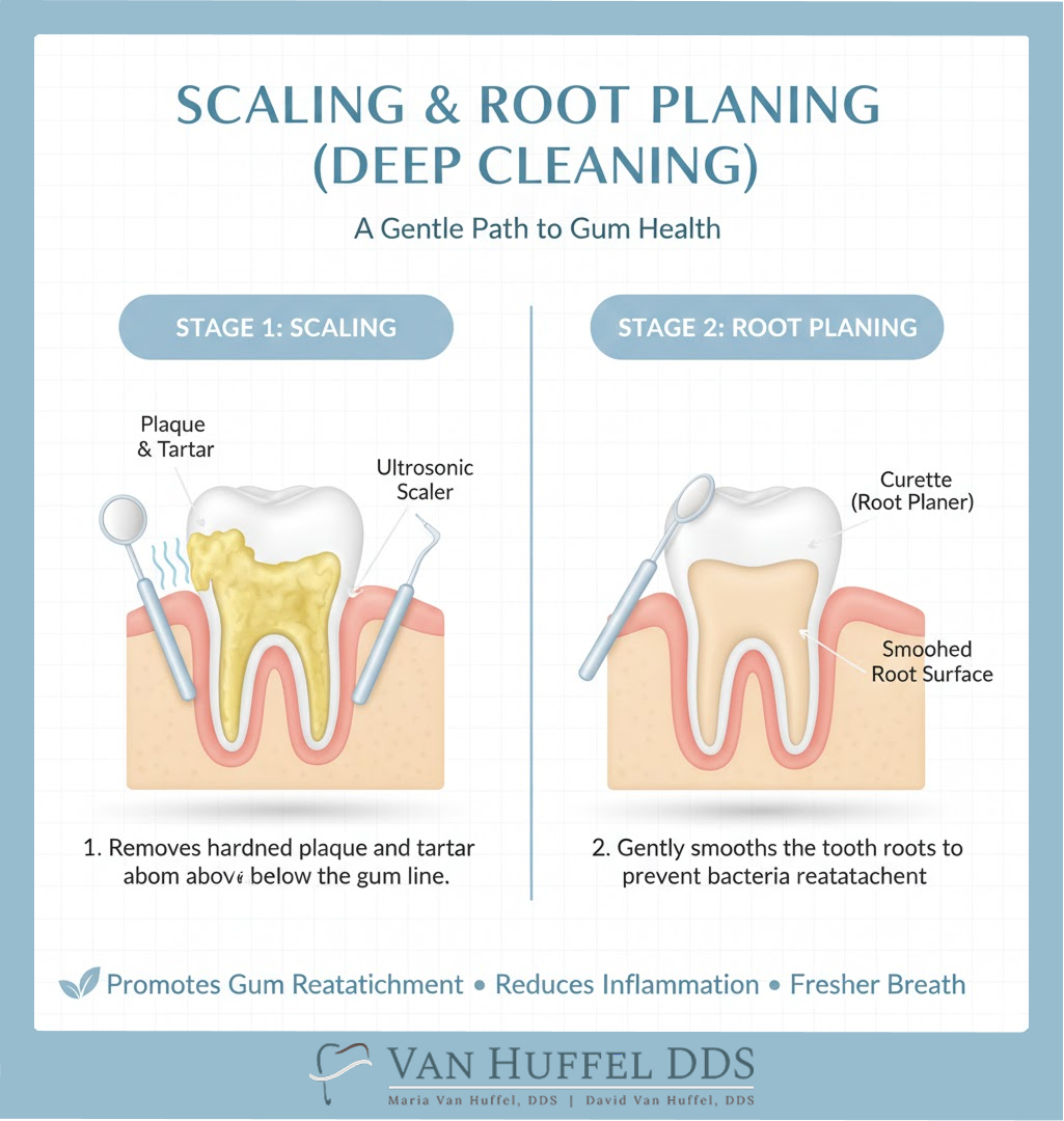 Illustration of scaling and root planing procedure showing plaque removal with an ultrasonic scaler and smoothing of tooth roots with a curette to promote gum health.